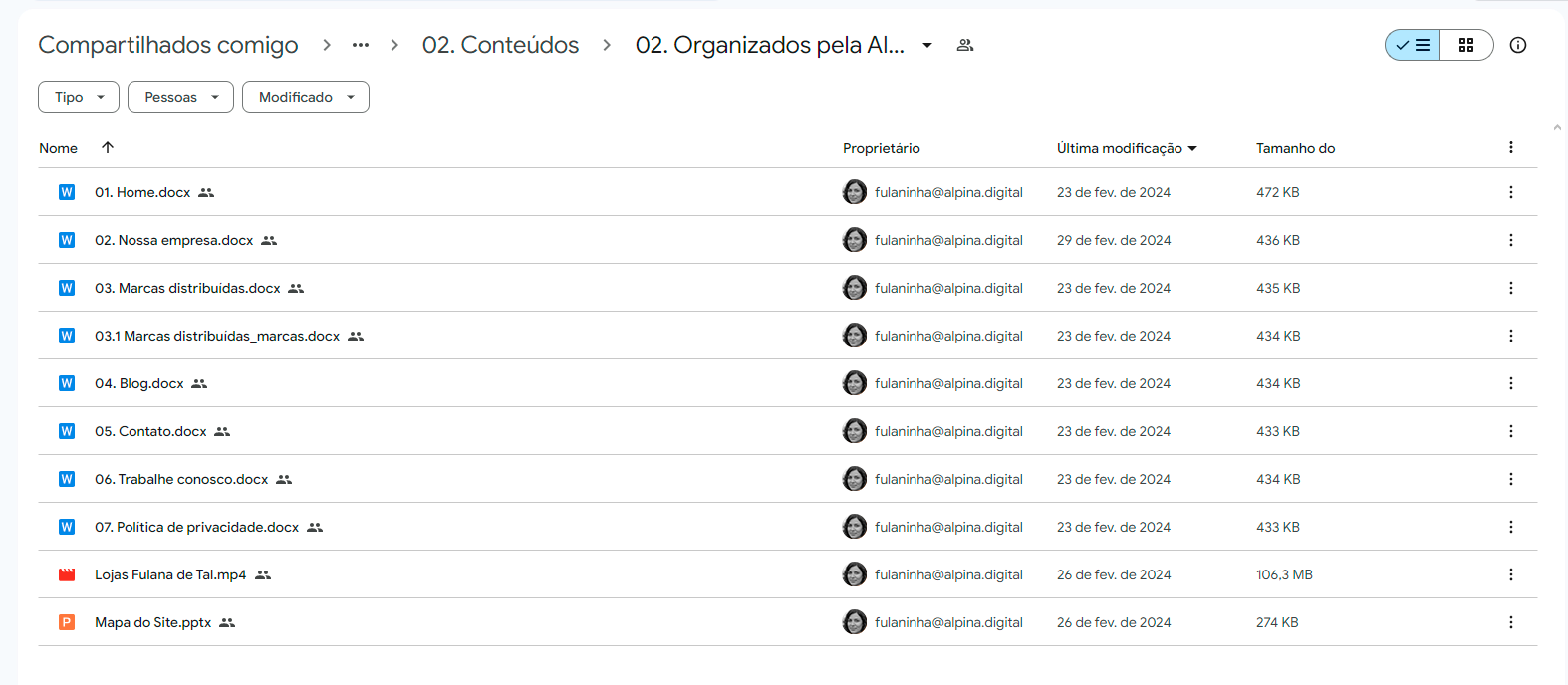 Drive mostrando a pasta dos Conteúdos Organizados