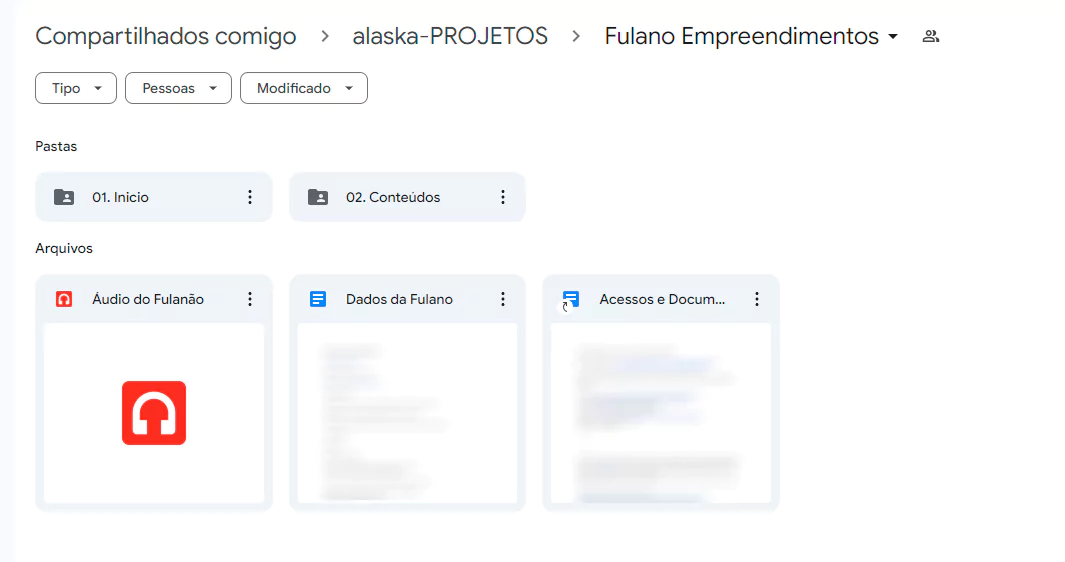 Drive mostrando a pasta do cliente